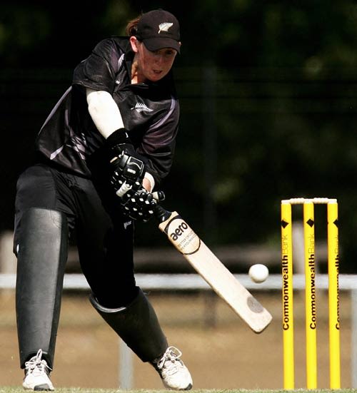 Maria Fahey drives to the off during her knock of 35