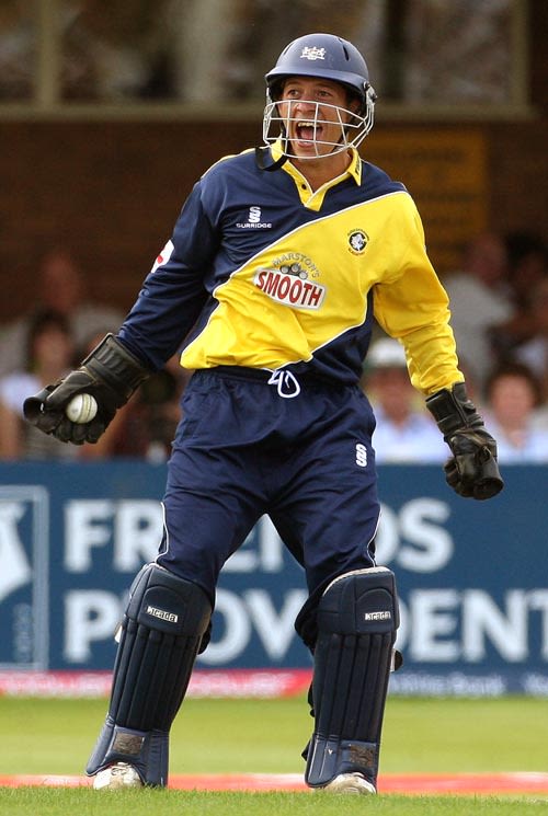 Steve Adshead is delighted after the run out of Andrew Flintoff