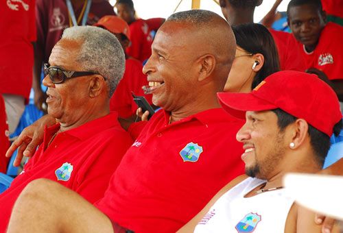 Garry Sobers, Bernard Julien and Ramnaresh Sarwan at a coaching camp