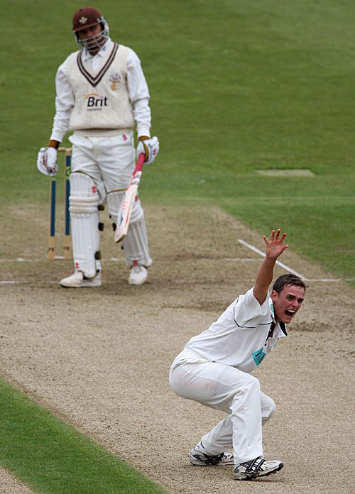 David Griffiths roars an unsuccessful appeal for Mark Ramprakash's wicket