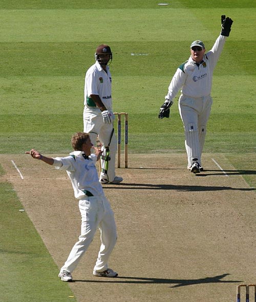 The breakthrough ... Nadeem Shahid holes out to mid-on off Nick Ferraby
