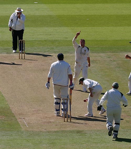James Watson falls lbw to Simon Renshaw