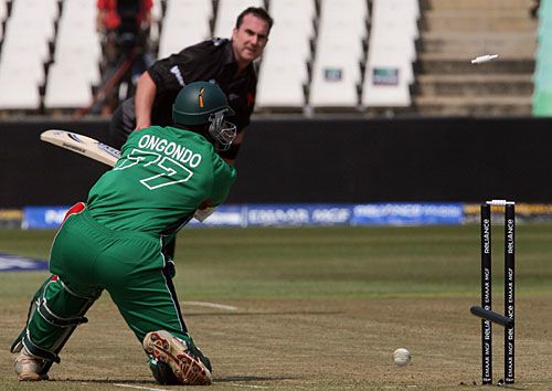 Peter Ongondo is bowled by Mark Gillespie