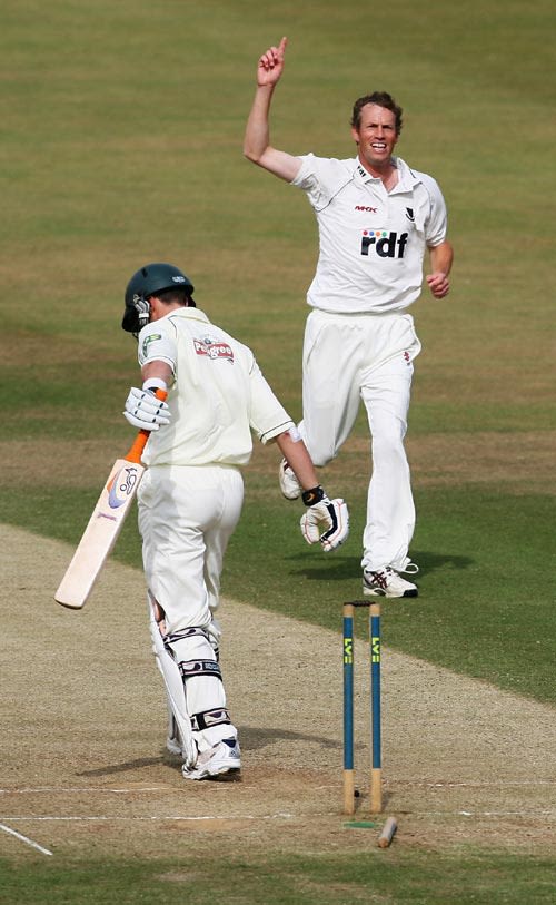 Robin Martin Jenkins celebrates bowling Stephen Moore