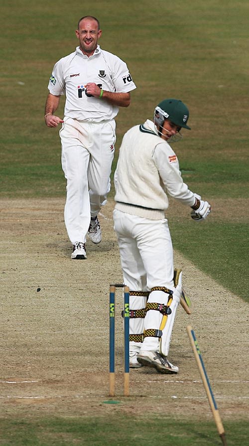 Richard Jones loses his off stump to Jason Lewry