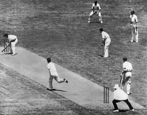 Jack Fingleton ducks a Harold Larwood bouncer