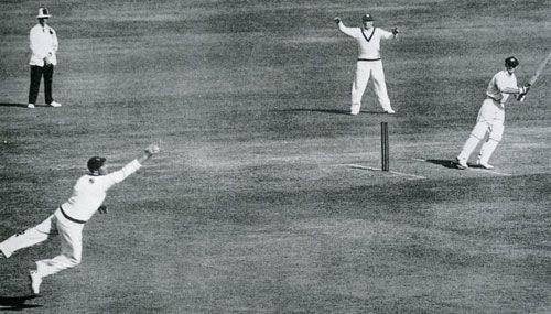 Stan McCabe cuts inches wide of Bill Voce on his way to a brilliant 187 not out