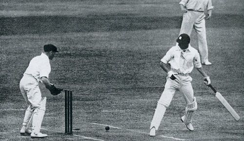 The Nawab of Pataudi is bowled shortly after completing his maiden Test hundred
