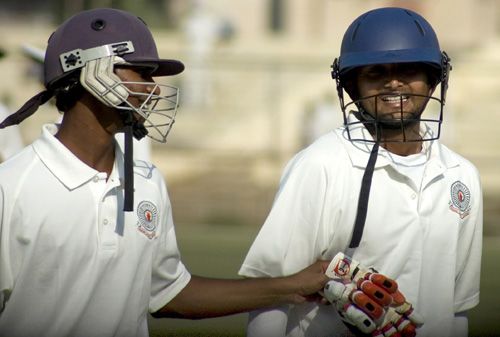 B Sumanth and Hemal Watekar take a break during their partnership
