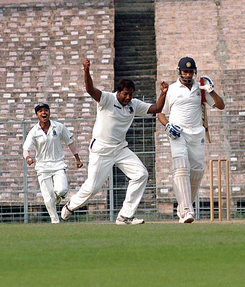 Shib Sankar Paul is exultant after bowling VVS Laxman for a duck