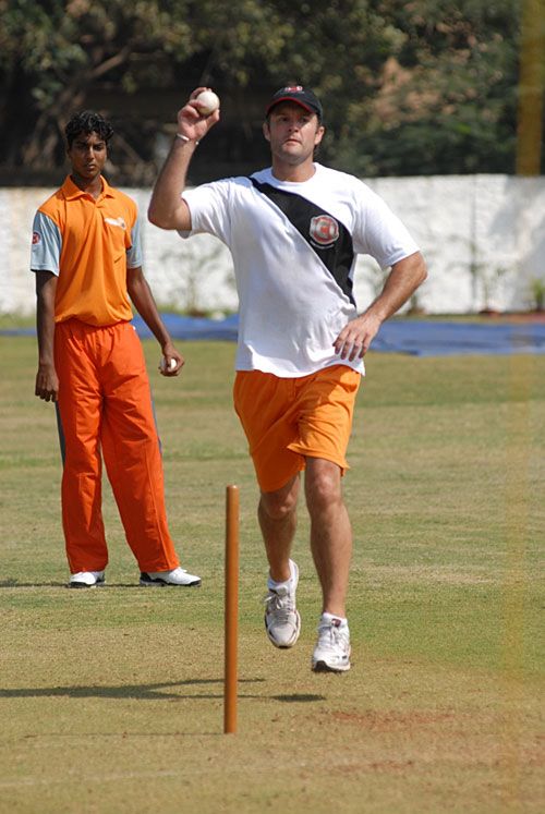 Nathan Astle, playing for Mumbai Champs in the ICL, bowls during practice
