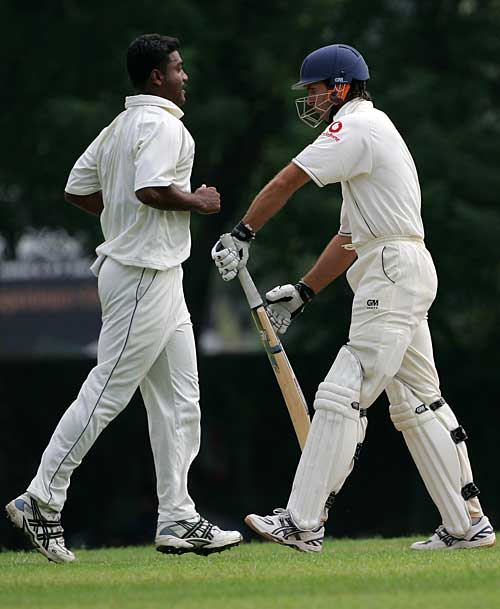 Michael Vaughan stands after being bowled by Sujeewa de Silva