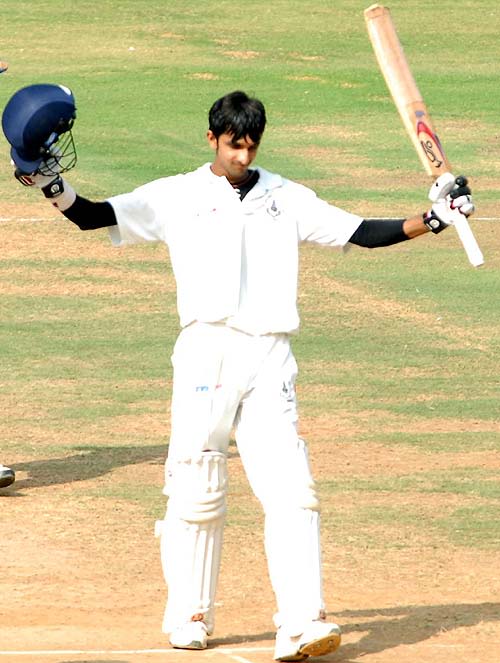 Tamil Nadu's K Vasudevadas exults after scoring his maiden first-class hundred