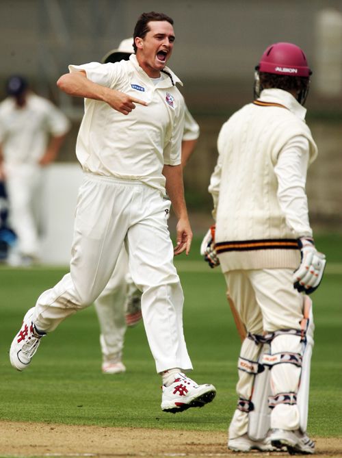 Lance Shaw celebrates James Marshalls' dismissal