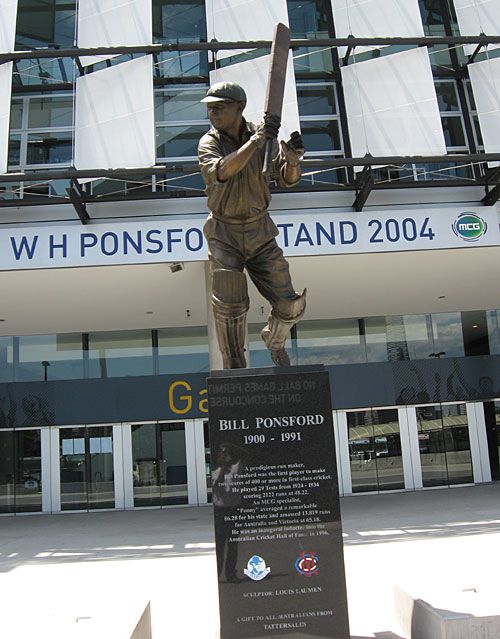 A statue of Bill Ponsford outside the WH Ponsford Stand at the MCG