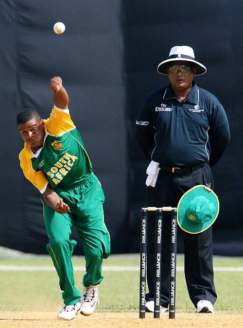South Africa's Clayton August bowls against Namibia