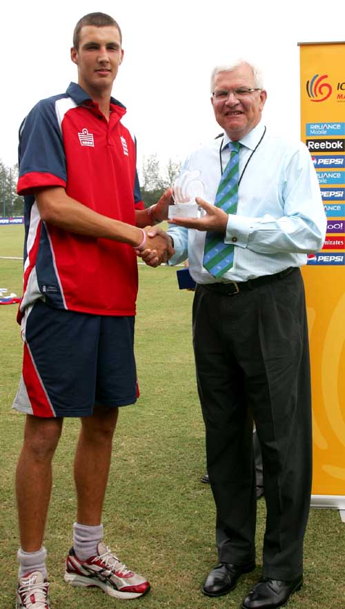 England's Steven Finn receives the Man-of-the-Match award from Malcolm Speed