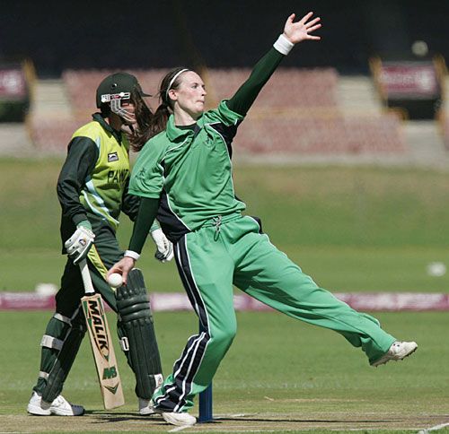 Ireland captain Heather Whelan bowls against Pakistan