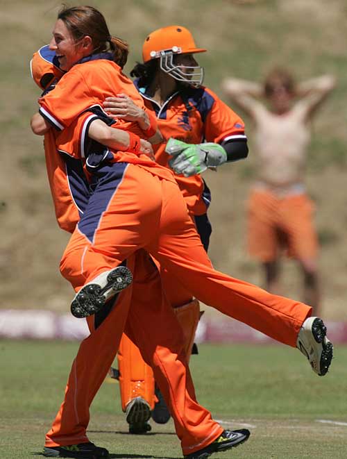 Lotte Egging celebrates one of her three wickets against Pakistan