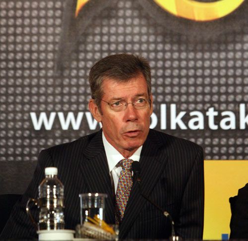 John Buchanan, coach of the Kolkata Knight Riders, speaks at the function