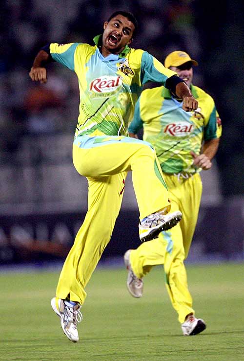 Chandigarh's Ishan Malhotra celebrates his second wicket against Hyderabad
