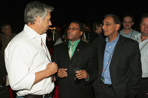ICC Cricket Manager Dave Richardson chats with CEO Gerald Majola and Haroon Lorgat