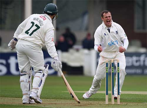 Lee Daggett takes Worcestershire's first wicket, Daryl Mitchell lbw