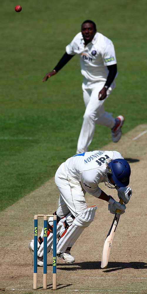 Carl Hopkinson does well to dig out a yorker from Pedro Collins