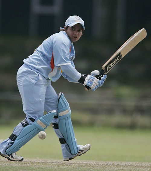 Jaya Sharma taps the ball behind square