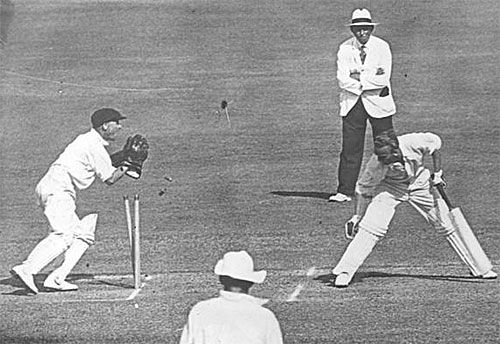 Bert Oldfield stumps Joseph Hardstaff Jr for 20 in England's second innings of the first Test in Brisbane, 1936-37