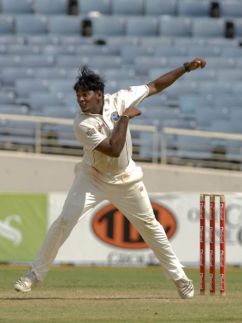 Amit Jaggernauth bowls in his debut Test