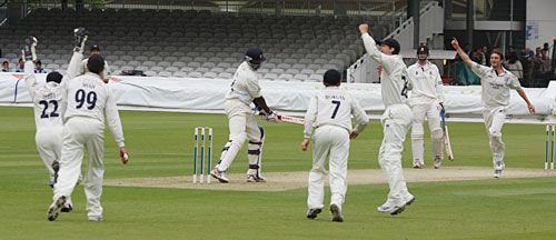 Tim Murtagh picks up his fifth wicket, Ben Scott his fifth catch, as Alex Tudor departs