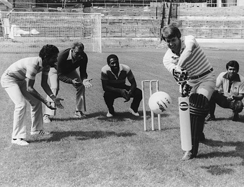 Deryck Murray, Clyde Walcott, Viv Richards and Alvin Kallicharran field as English footballer Geoff Hurst tries his hand at batting a football