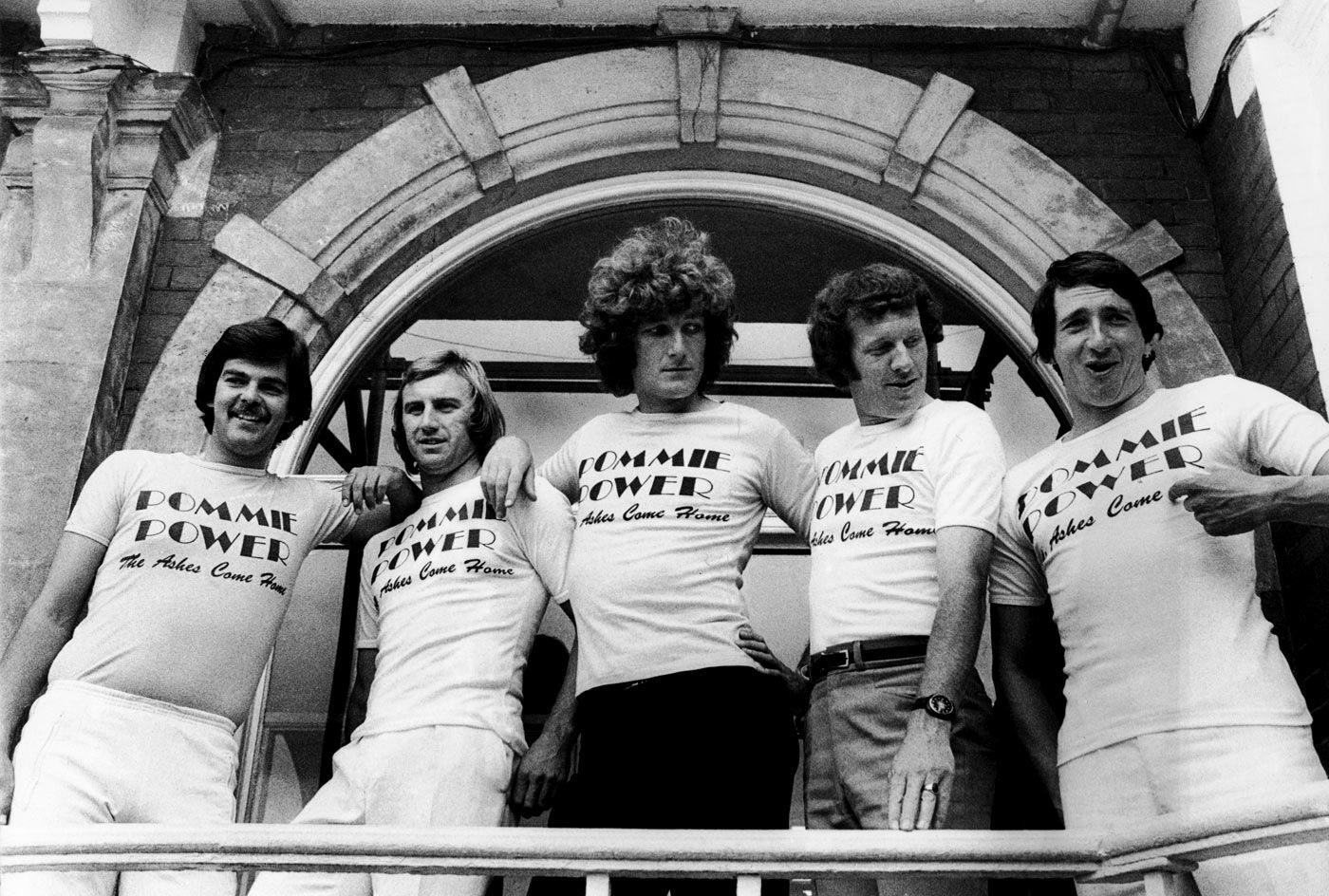 Geoff Miller, John Lever, Bob Willis, Graham Roope and Derek Randall pose in Ashes t-shirts