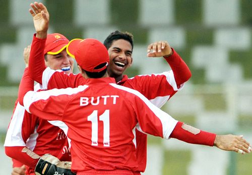 Nadeem Ahmed is congratulated after he removed Younis Khan