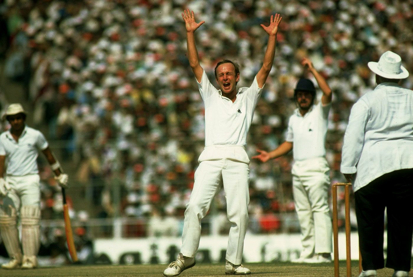 Derek Underwood appeals for a lbw against Sunil Gavaskar