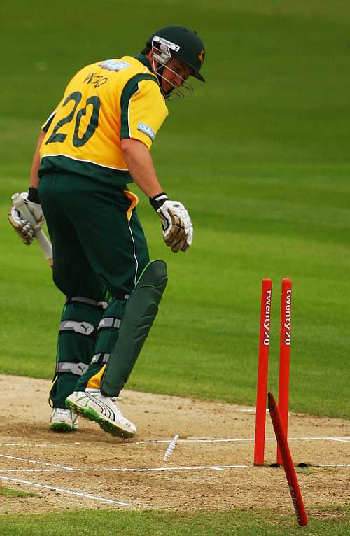 Matthew Wood has his off stump knocked back by Matthew Hoggard