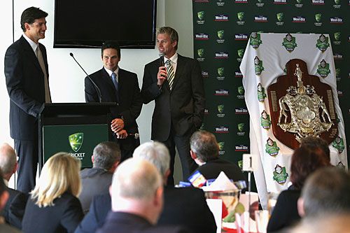 Brendon Julian, Brad Hodge and Brett Lee at the unveiling of the Sheffield Shield