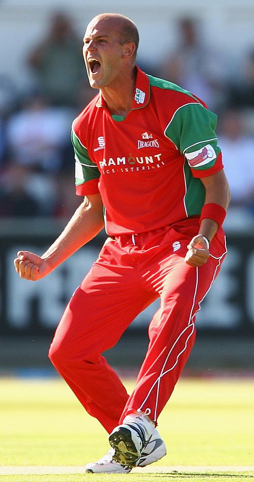 David Harrison roars his delight at removing Paul Collingwood