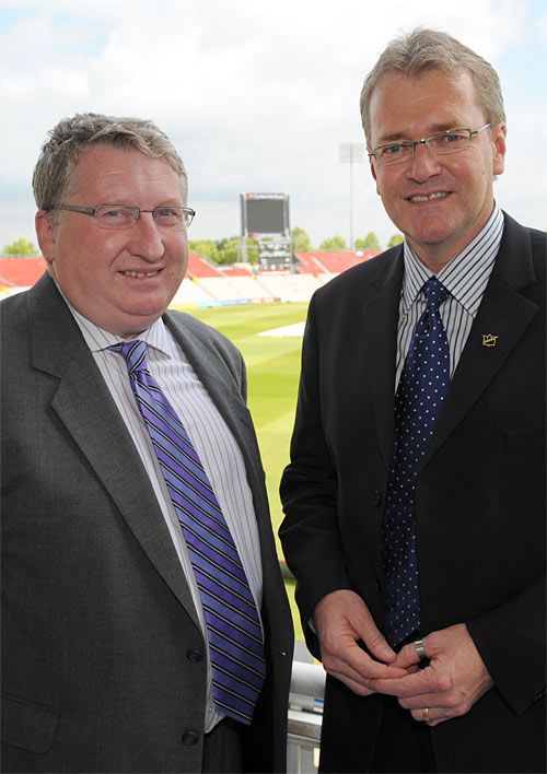 ECB chief executive, David Collier and Mike Haysman, Stanford 2020 director of cricket, at the launch of the Super Series
