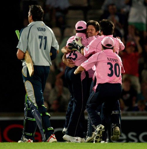 Middlesex celebrate as Justin Kemp is run out off the last ball