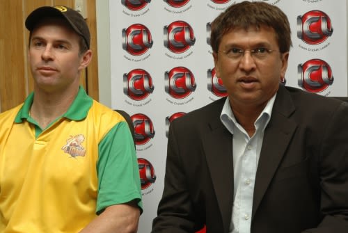 Jock Campbell, the ICL's high performance director, and Kiran More address a press conference