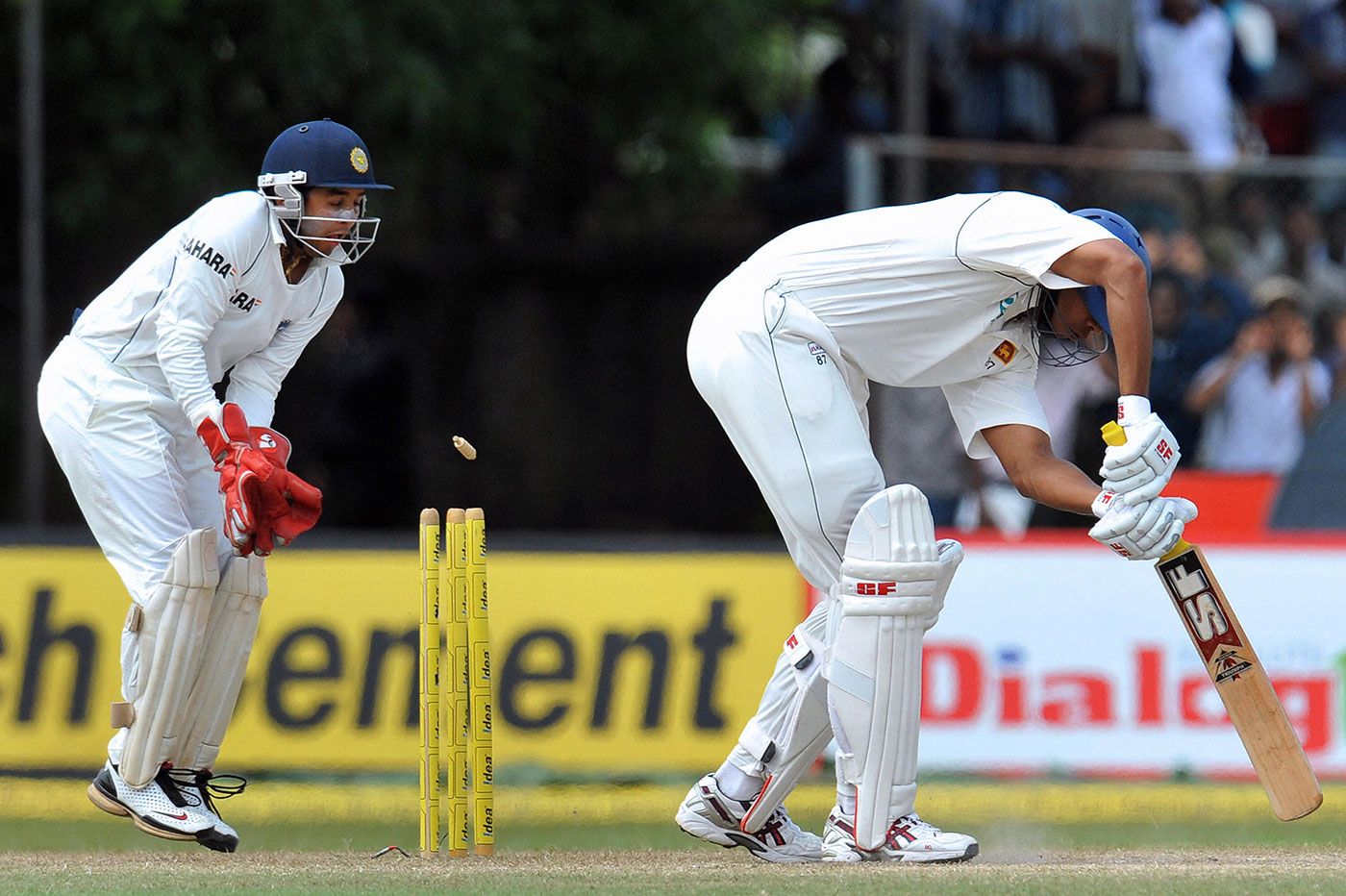 Parthiv Patel stands behind the stumps as Michael Vandort is cleaned up by Harbhajan Singh