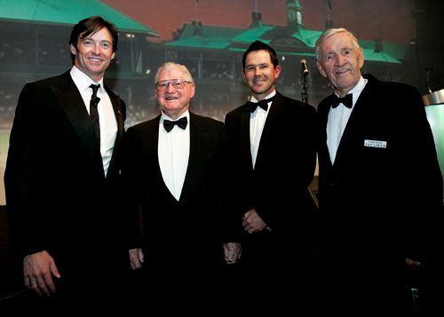 Hugh Jackman, Neil Harvey, Ricky Ponting and Sam Loxton pose for the cameras