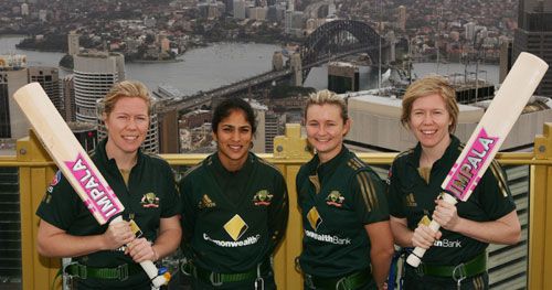 Alex Blackwell, Lisa Sthalekar, Leah Poulton and Kate Blackwell mark the six-month countdown to Australias defence of the World Cup