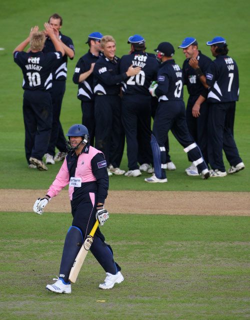 Tyron Henderson walks back after falling for a second-ball duck