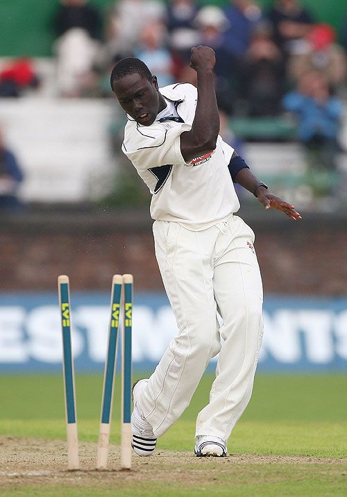 Robbie Joseph celebrates another wicket as Lancashire are bowled out for 107