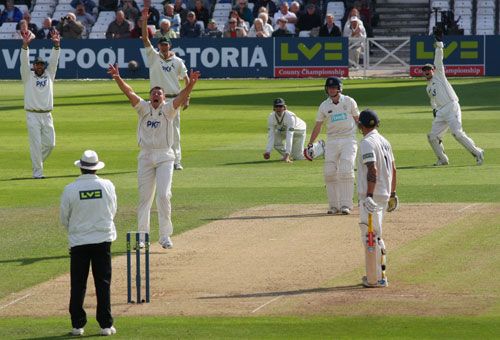 Darren Pattinson appeals for - and gets - the wicket of Liam Dawson