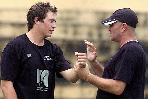 Tim Southee and Vaughn Johnson discuss a point