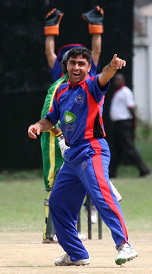 Hasti Gul appeals successfully during his three-wicket haul against Tanzania